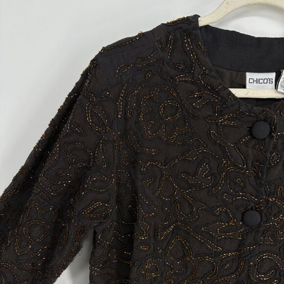 Chicos Beaded Jacket Embellished Collarless Button Down Brown Cotton Long Sleeve - Picture 5 of 7
